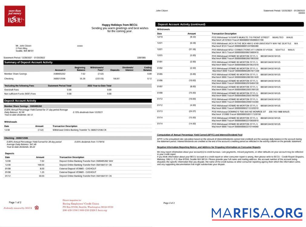 Blank Australia BECU bank statement 2 pages sample